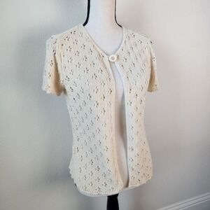 Christopher & Banks White Cream Crochet Knit Short‎ Sleeve Cardigan Womens Small